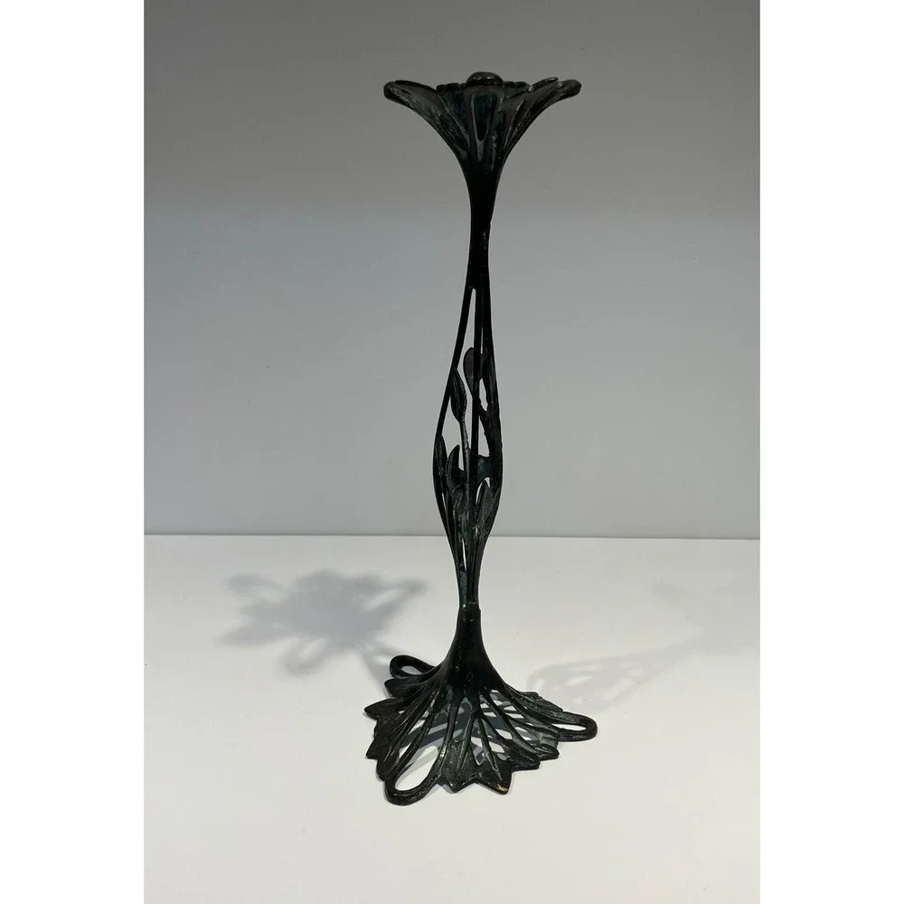 Vintage Art Nouveau Bronze Verdigris Floral Candlestick Holder 12 Inch Openwork